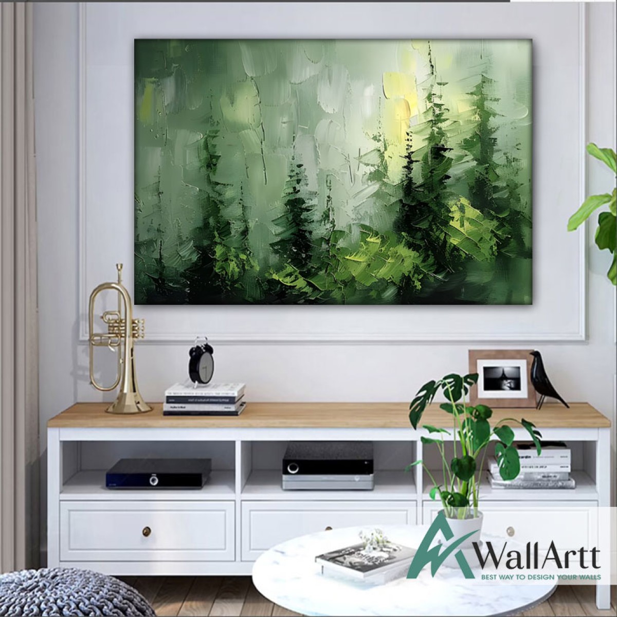 Misty Green Forest 3d Heavy Textured Partial Oil Painting - Wall Art